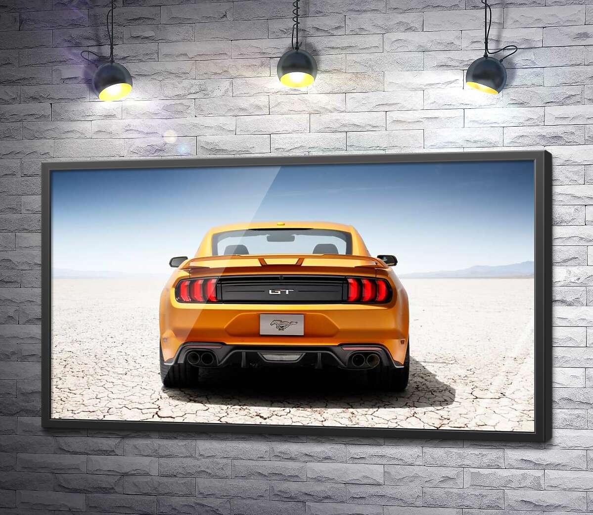 постер Желтый автомобиль Ford Mustang GT среди пустыни