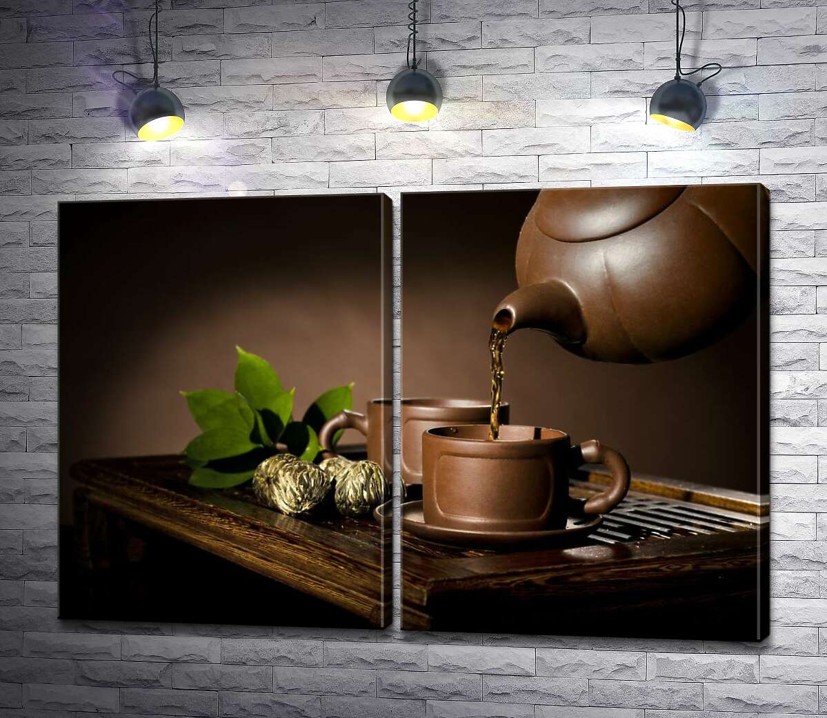 модульная картина Горячий травяной чай наполняет стилизованные чашки