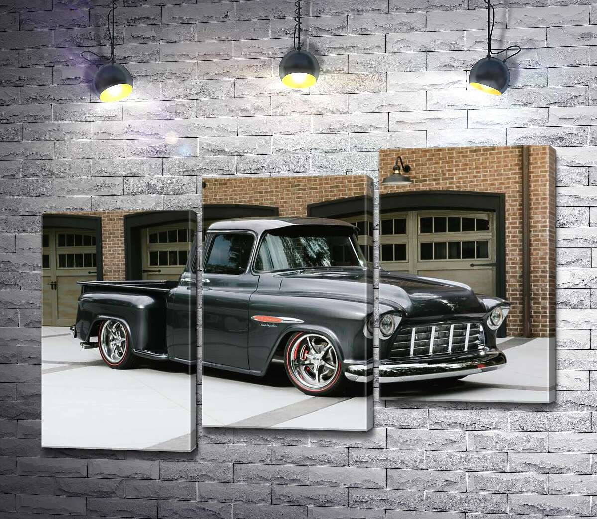 модульна картина Чорний автомобіль Chevrolet Pickup 1955 перед в'їздами у гаражі (Модуль №14)
