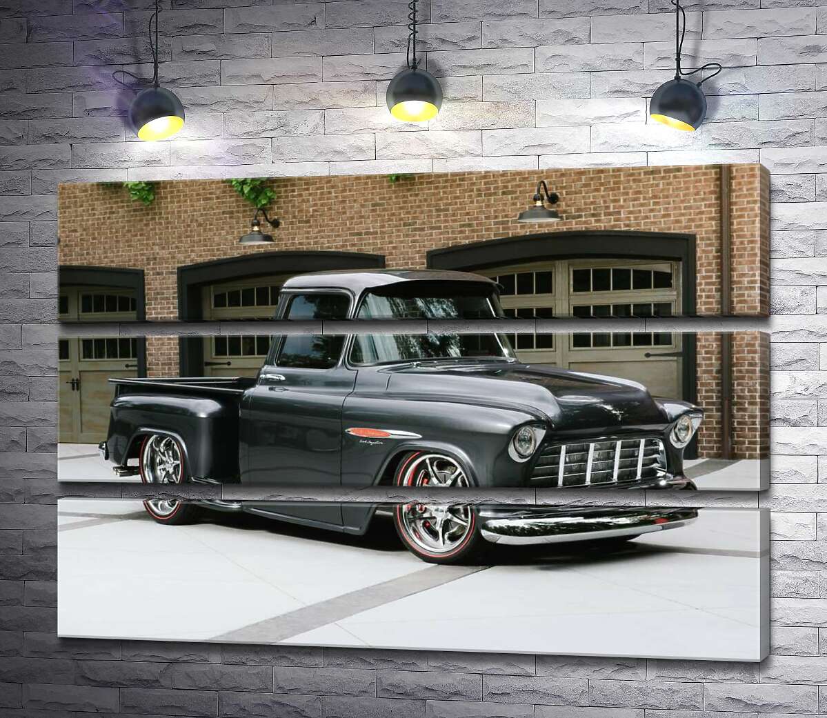 модульна картина Чорний автомобіль Chevrolet Pickup 1955 перед в'їздами у гаражі (Модуль №15)