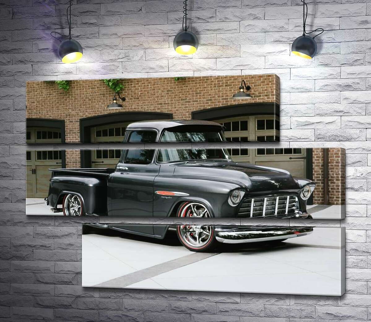 модульная картина Черный автомобиль Chevrolet Pickup 1955 перед въездами в гаражи (Модуль №16)