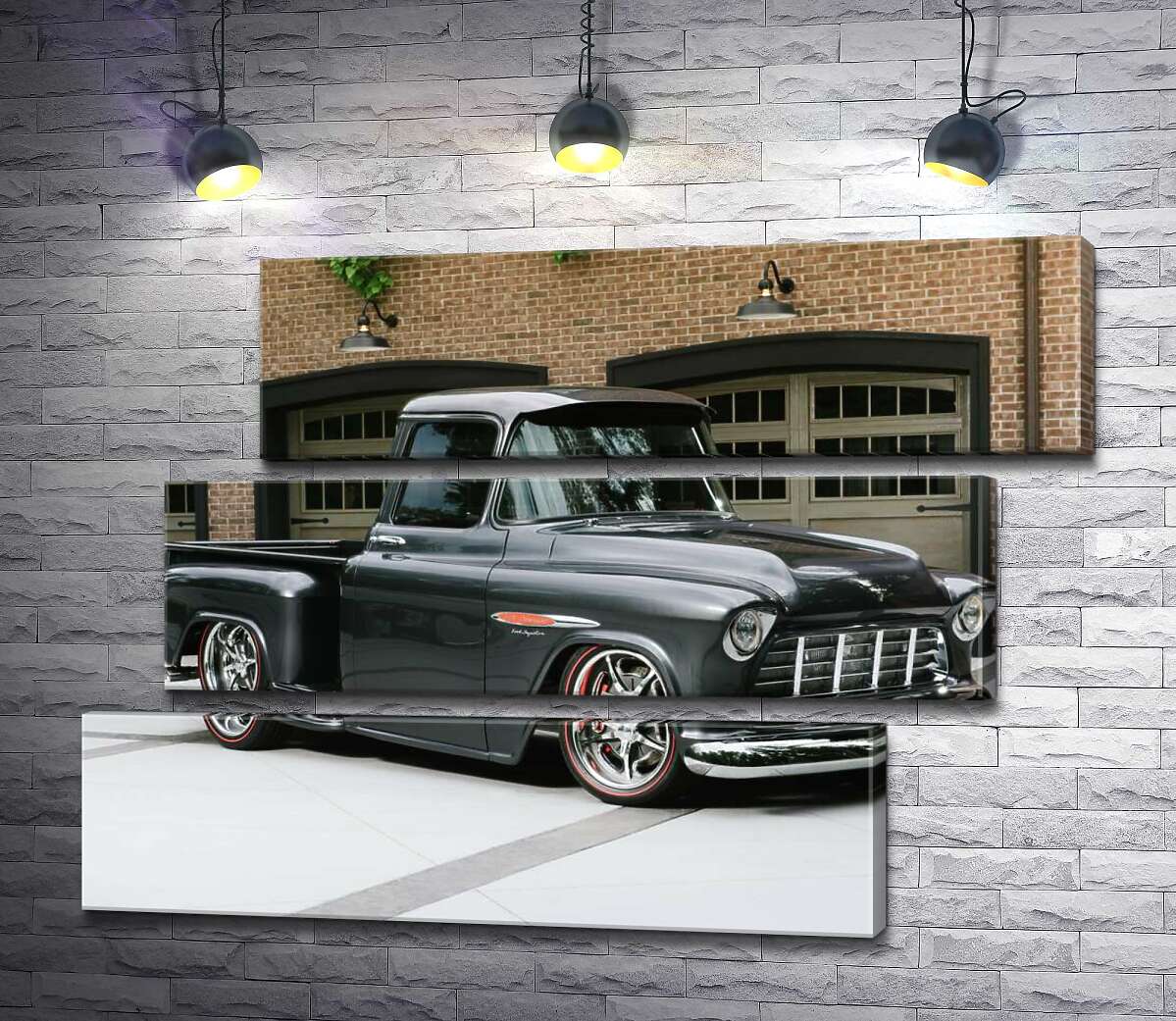 модульна картина Чорний автомобіль Chevrolet Pickup 1955 перед в'їздами у гаражі (Модуль №17)