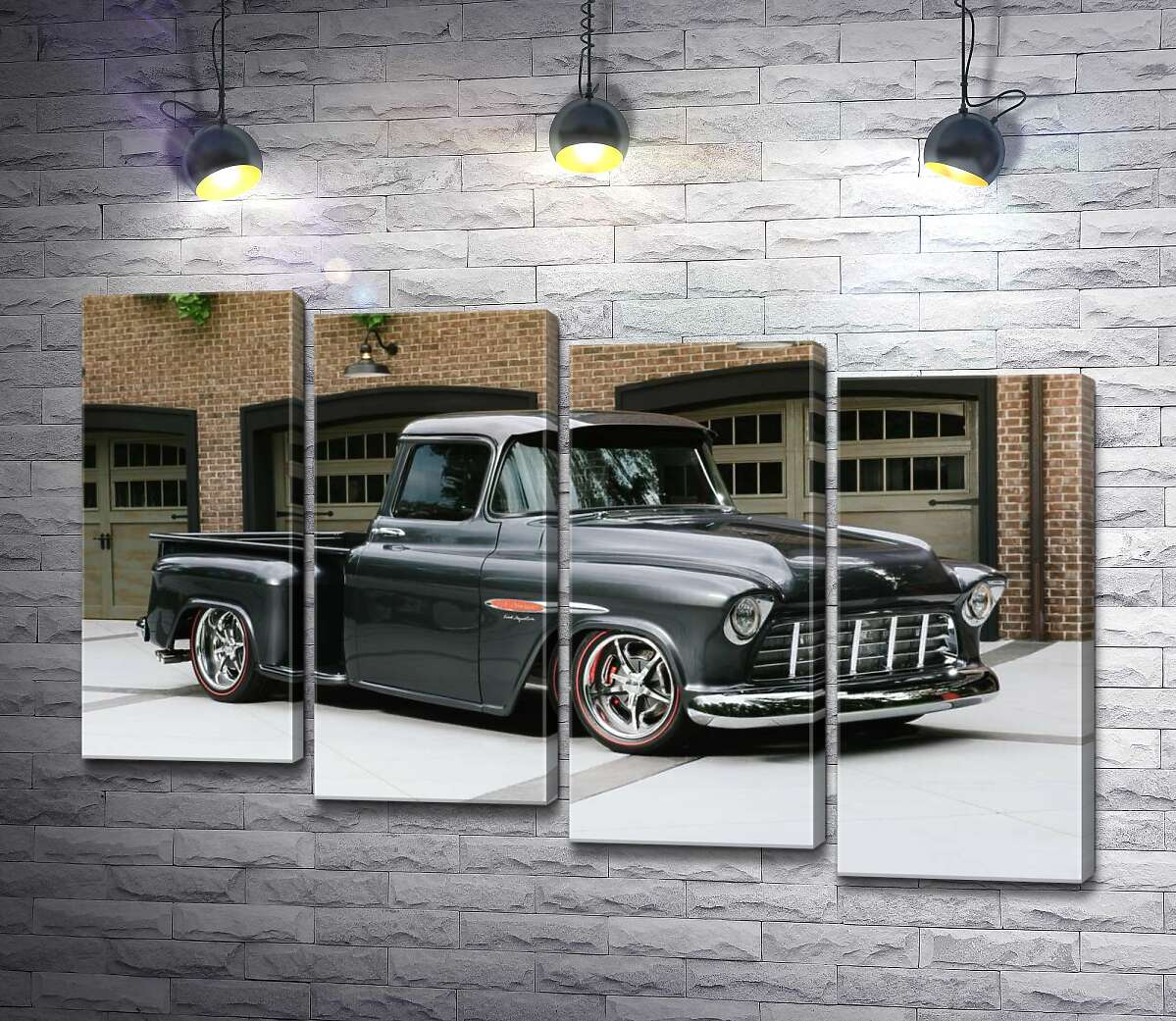 модульна картина Чорний автомобіль Chevrolet Pickup 1955 перед в'їздами у гаражі (Модуль №19)