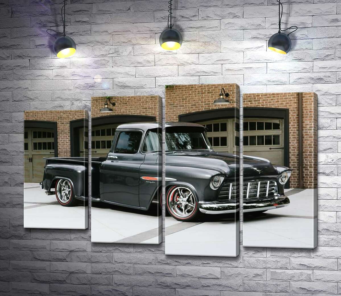 модульная картина Черный автомобиль Chevrolet Pickup 1955 перед въездами в гаражи (Модуль №3)