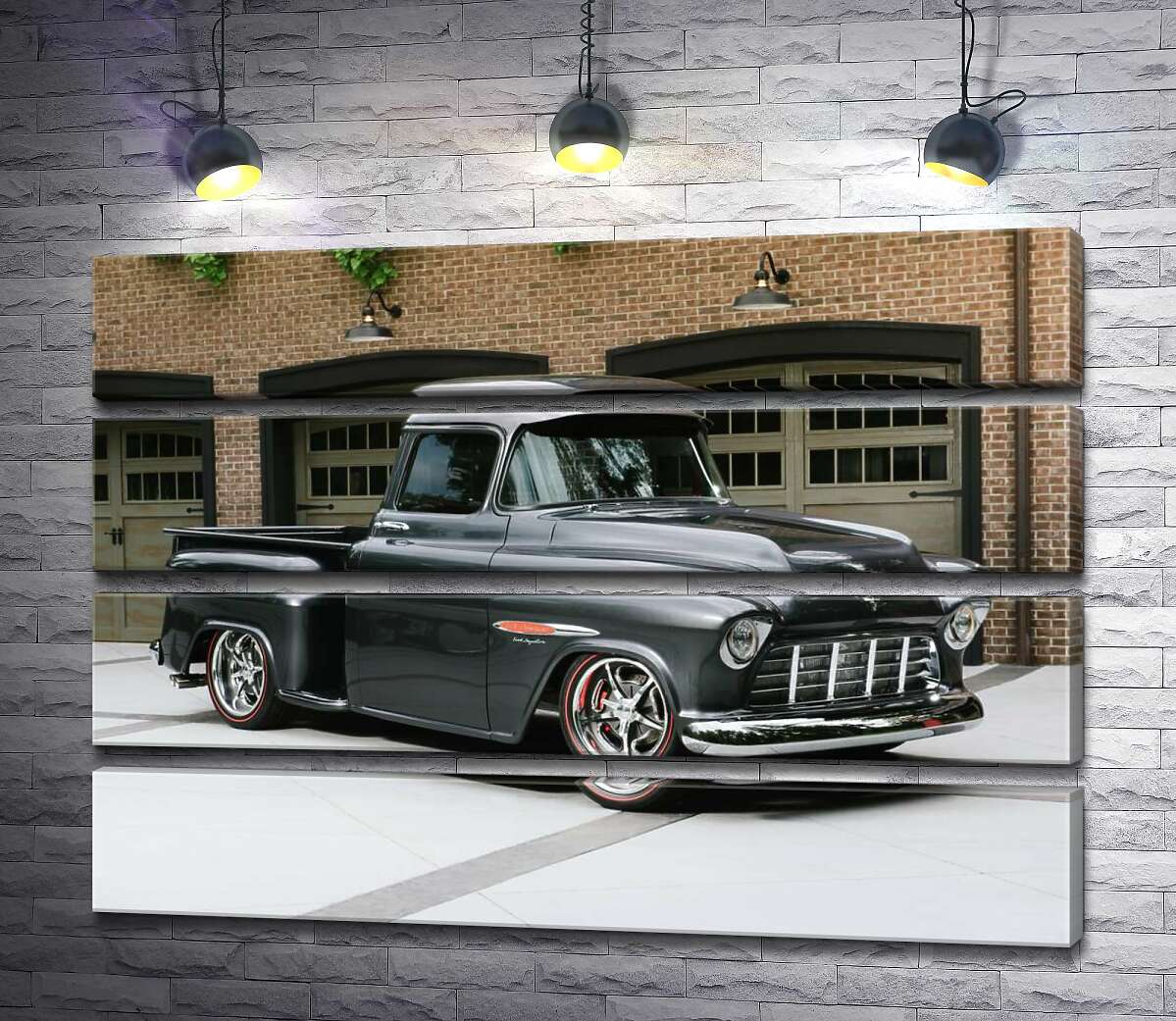 модульна картина Чорний автомобіль Chevrolet Pickup 1955 перед в'їздами у гаражі (Модуль №22)