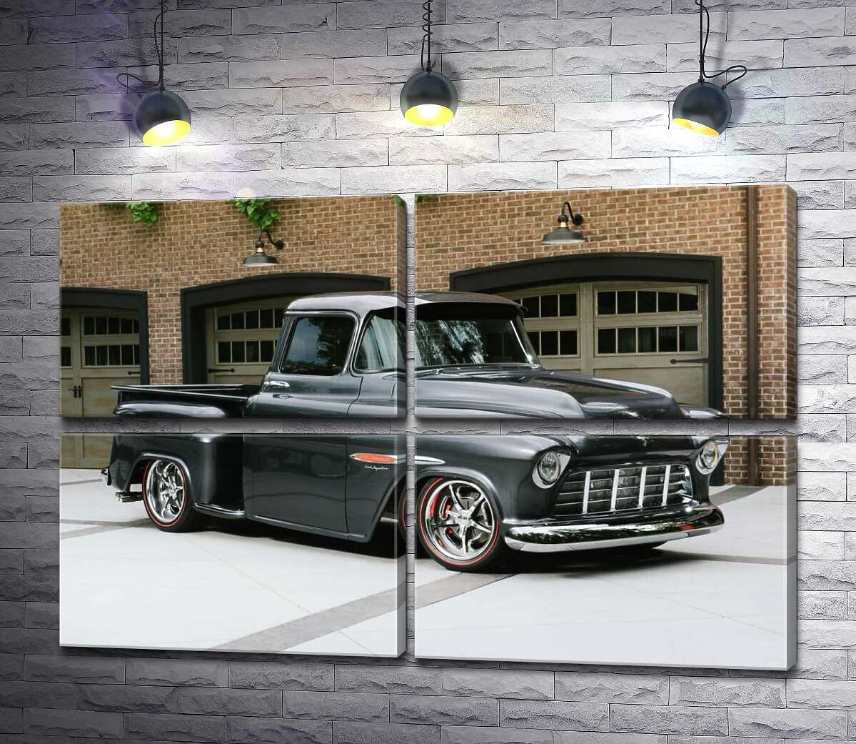 модульна картина Чорний автомобіль Chevrolet Pickup 1955 перед в'їздами у гаражі (Модуль №25)