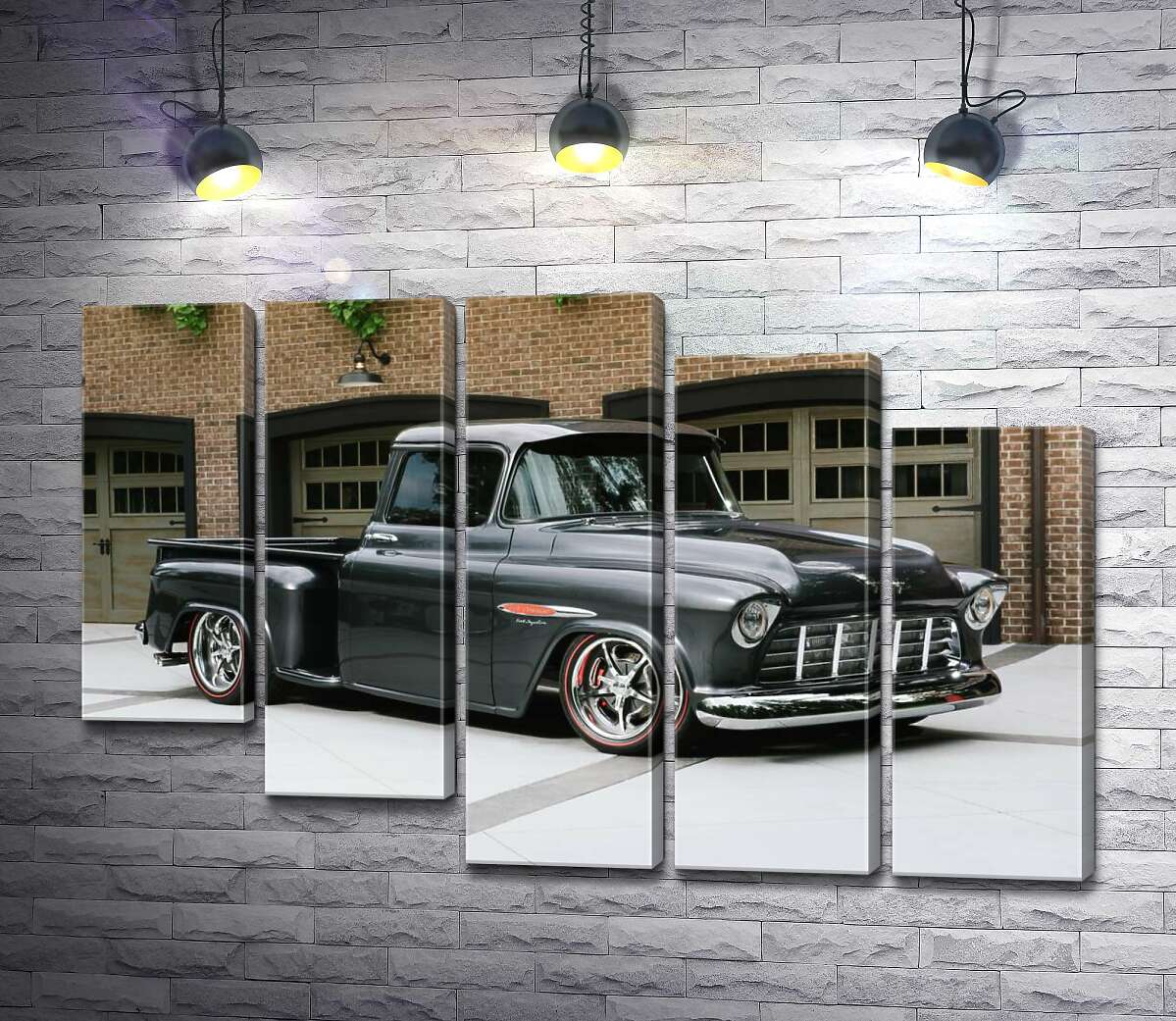 модульная картина Черный автомобиль Chevrolet Pickup 1955 перед въездами в гаражи (Модуль №28)