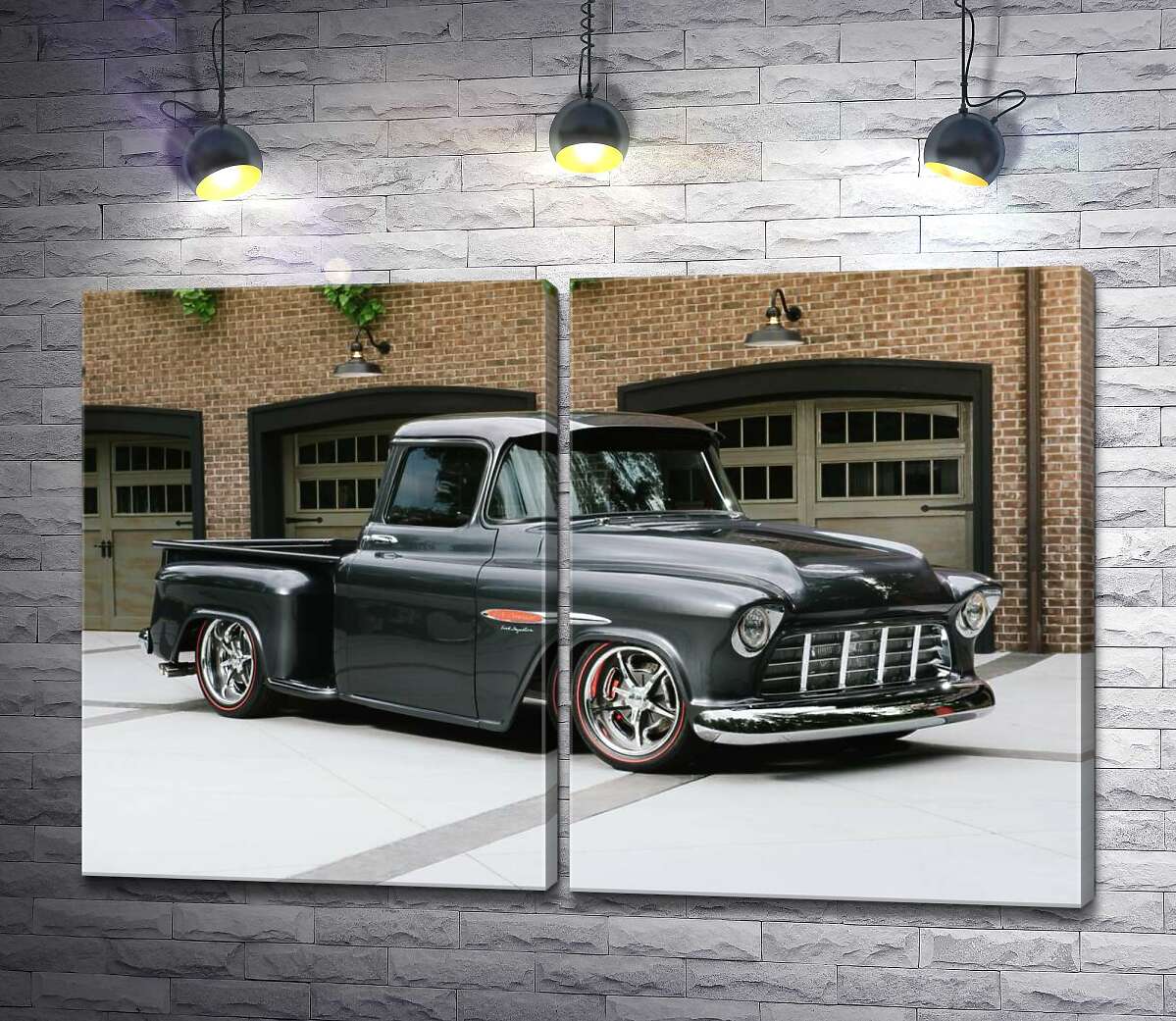 модульна картина Чорний автомобіль Chevrolet Pickup 1955 перед в'їздами у гаражі