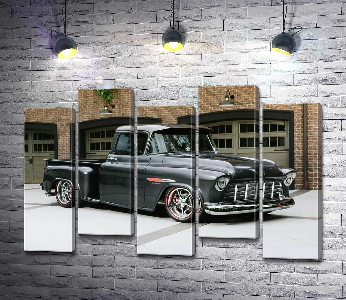 модульная картина Черный автомобиль Chevrolet Pickup 1955 перед въездами в гаражи (Модуль №30)