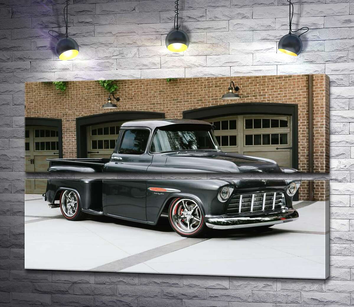 модульна картина Чорний автомобіль Chevrolet Pickup 1955 перед в'їздами у гаражі (Модуль №7)