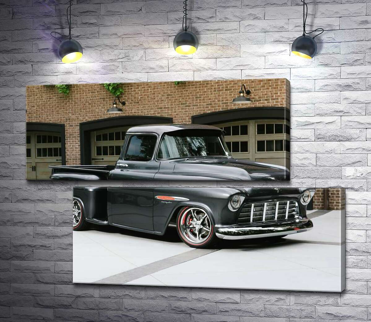 модульна картина Чорний автомобіль Chevrolet Pickup 1955 перед в'їздами у гаражі (Модуль №8)