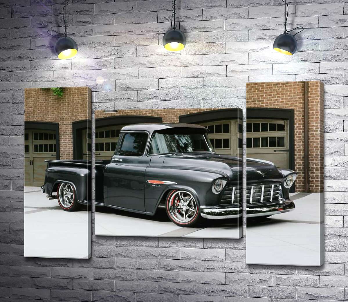 модульна картина Чорний автомобіль Chevrolet Pickup 1955 перед в'їздами у гаражі (Модуль №11)