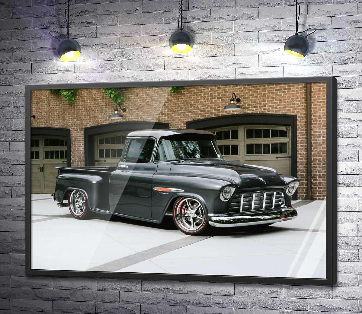 постер Черный автомобиль Chevrolet Pickup 1955 перед въездами в гаражи