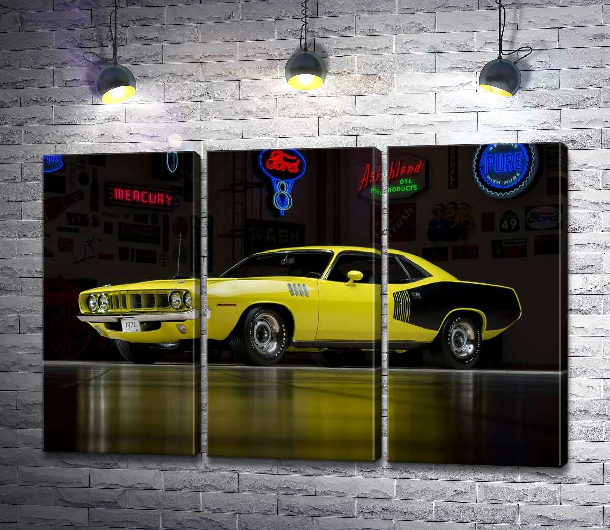 модульна картина Жовтий спортивний автомобіль Plymouth Barracuda, родом із 70-х