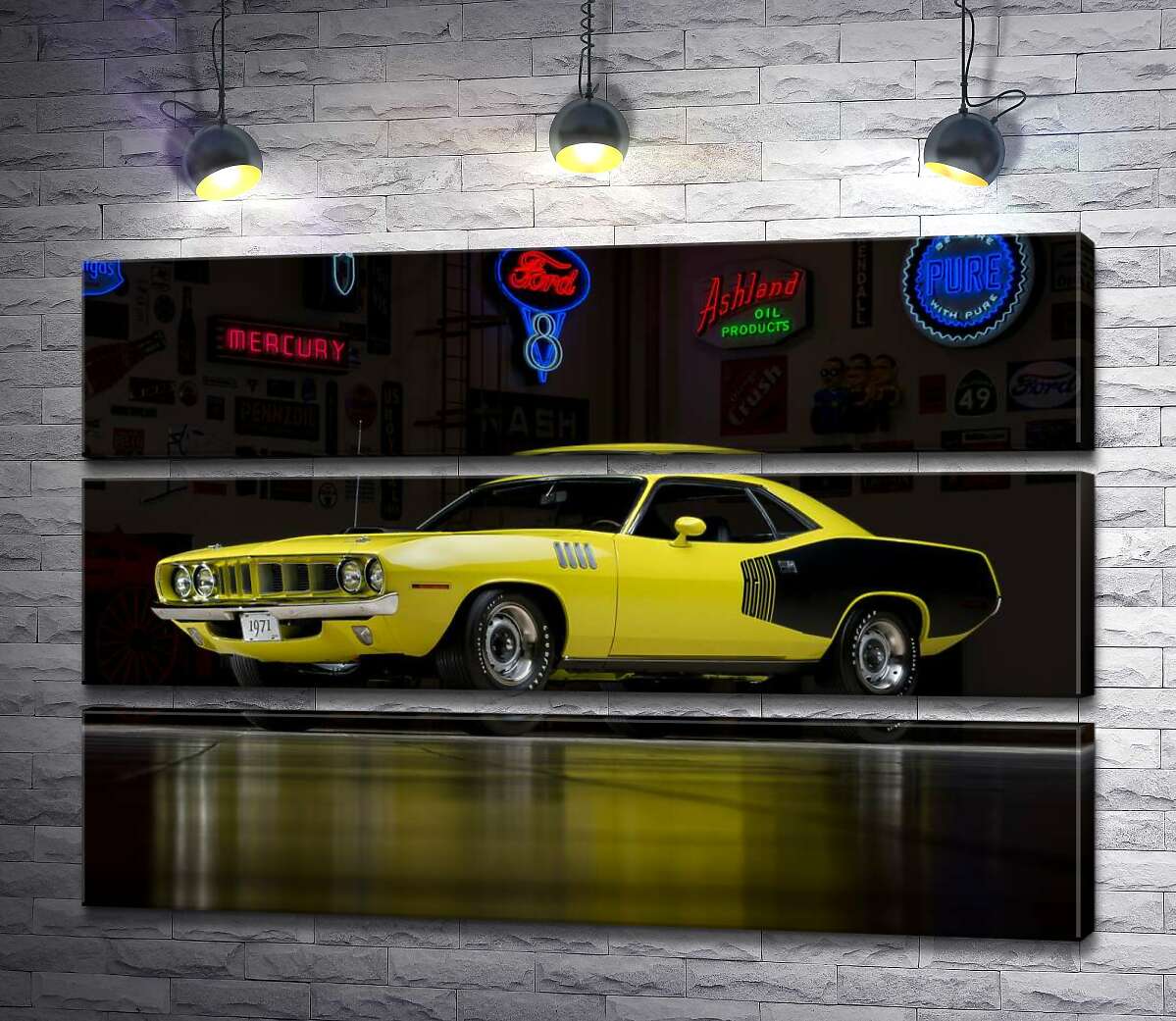 модульная картина Желтый спортивный автомобиль Plymouth Barracuda, родом из 70-х (Модуль №15)