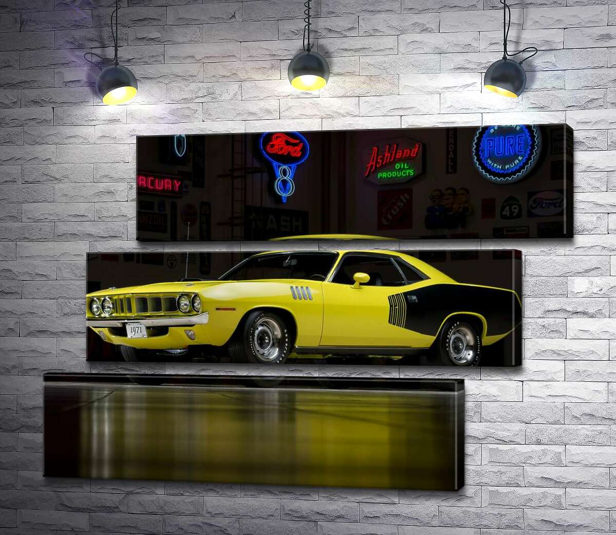 модульна картина Жовтий спортивний автомобіль Plymouth Barracuda, родом із 70-х (Модуль №17)