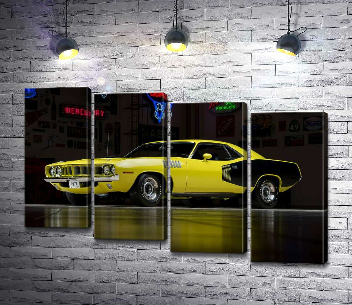 модульная картина Желтый спортивный автомобиль Plymouth Barracuda, родом из 70-х (Модуль №19)