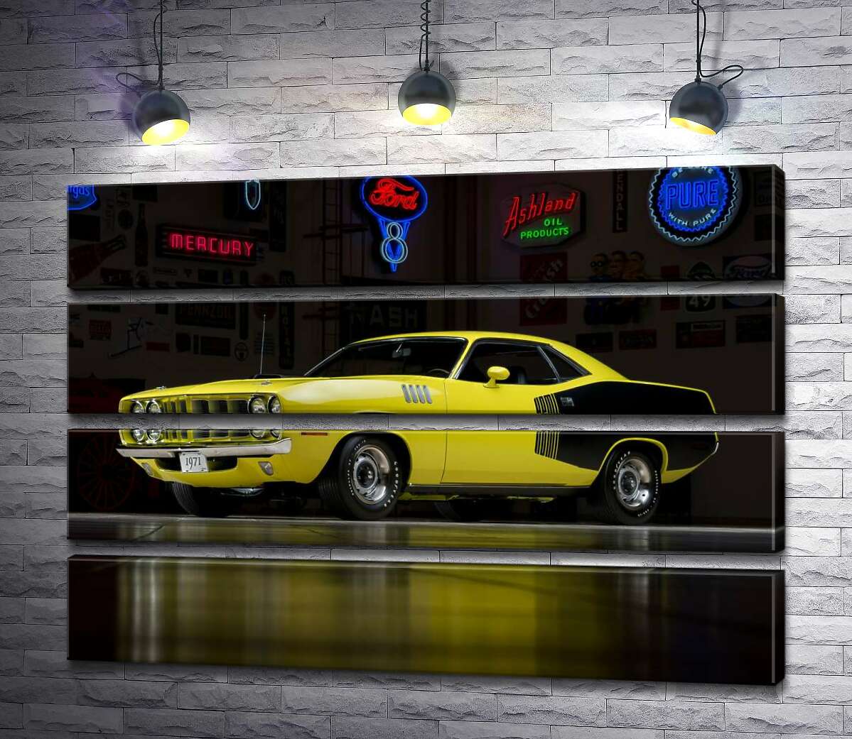 модульна картина Жовтий спортивний автомобіль Plymouth Barracuda, родом із 70-х (Модуль №22)