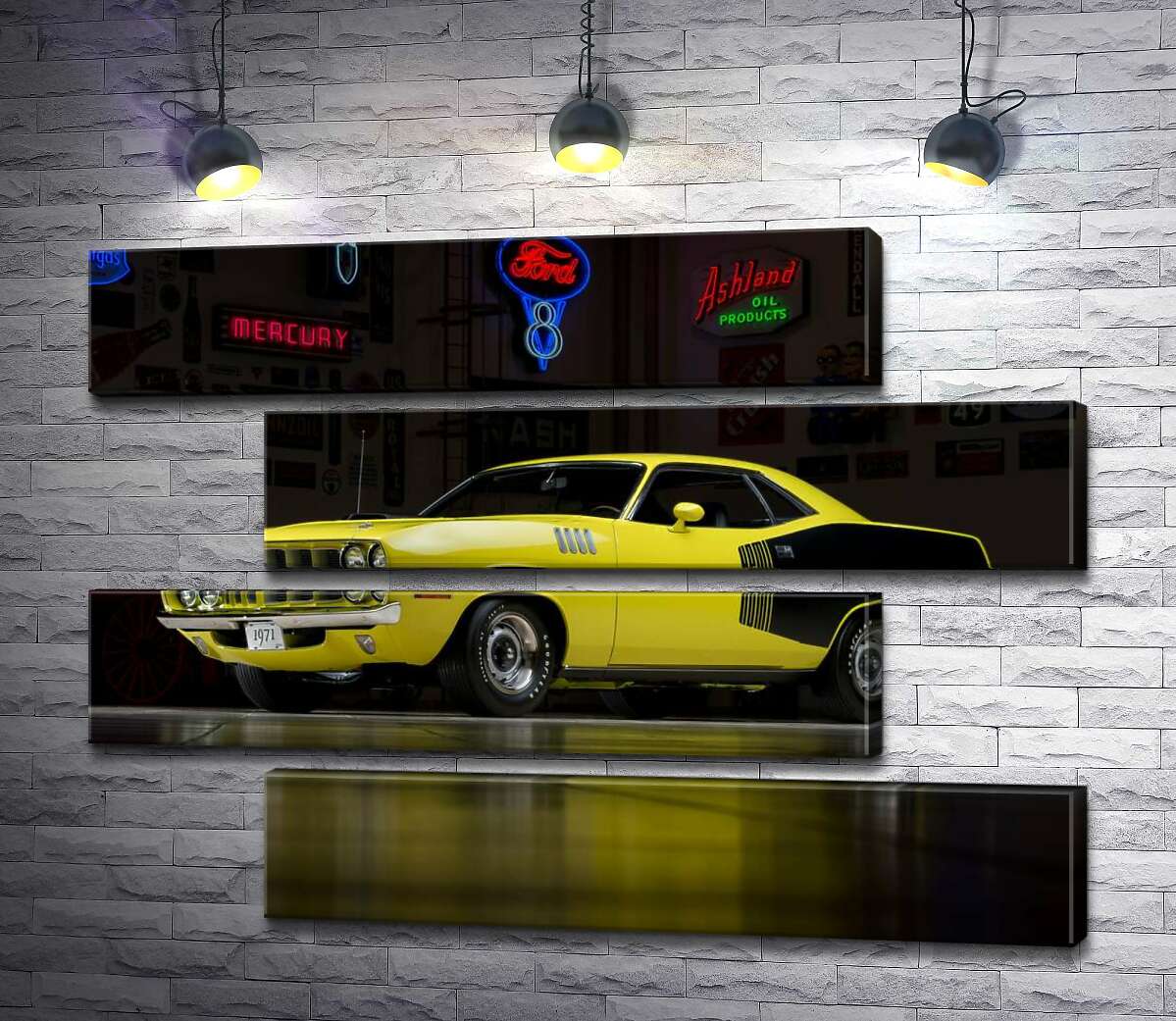 модульна картина Жовтий спортивний автомобіль Plymouth Barracuda, родом із 70-х (Модуль №23)