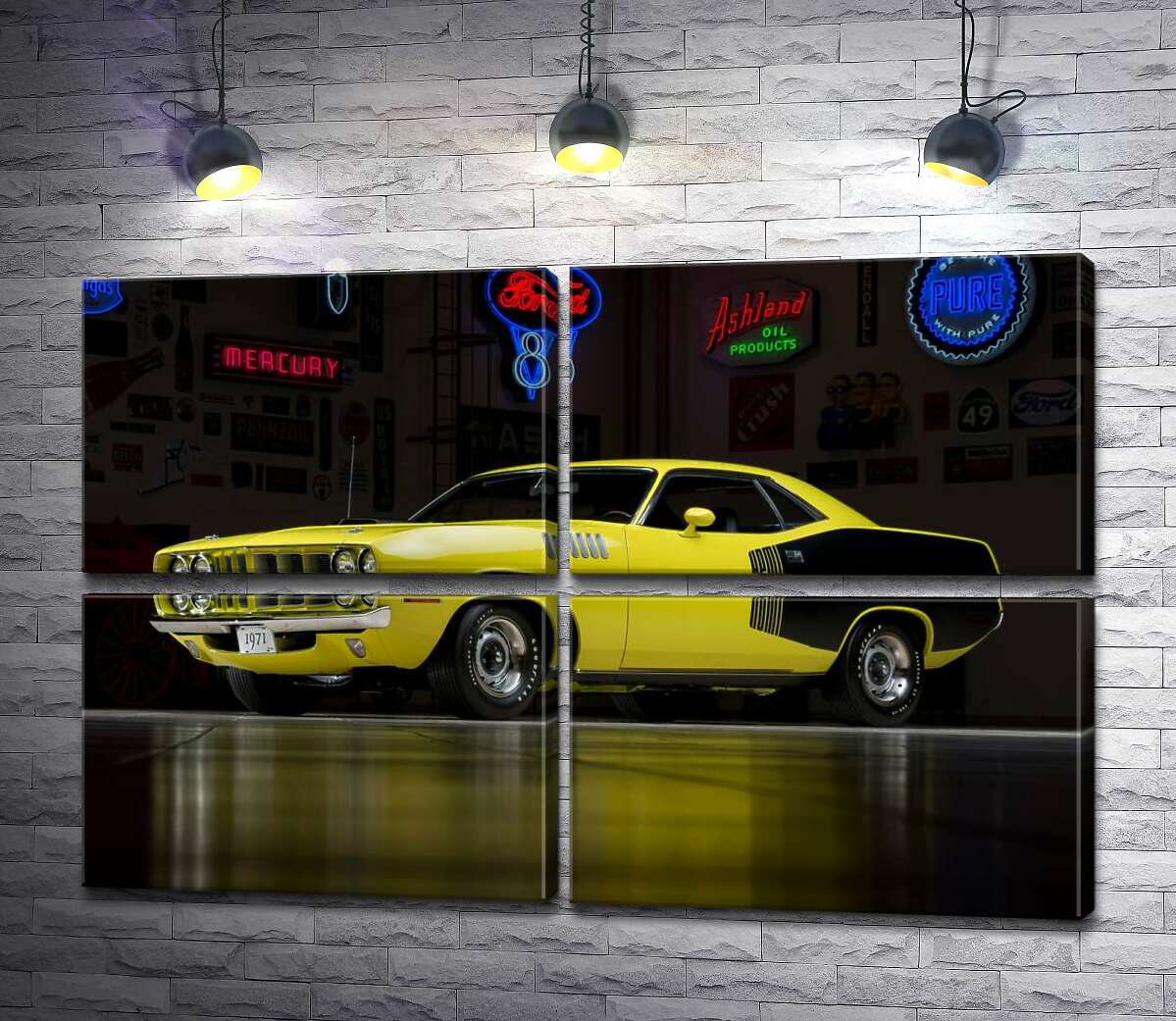 модульная картина Желтый спортивный автомобиль Plymouth Barracuda, родом из 70-х (Модуль №25)