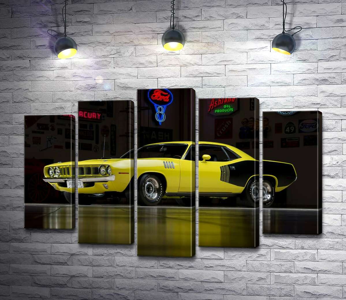 модульная картина Желтый спортивный автомобиль Plymouth Barracuda, родом из 70-х (Модуль №4)