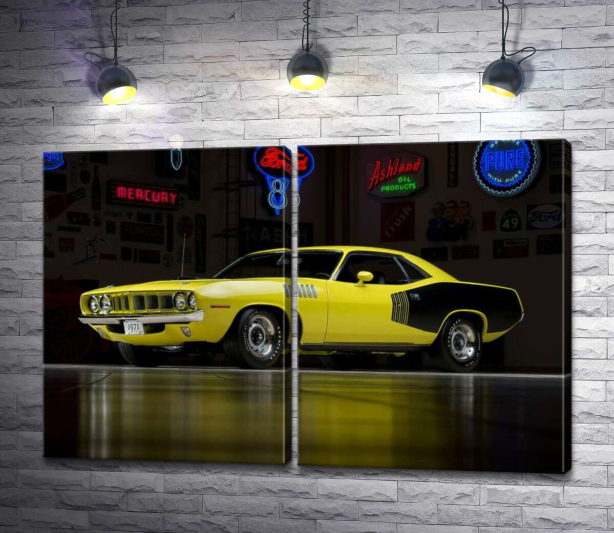 модульна картина Жовтий спортивний автомобіль Plymouth Barracuda, родом із 70-х