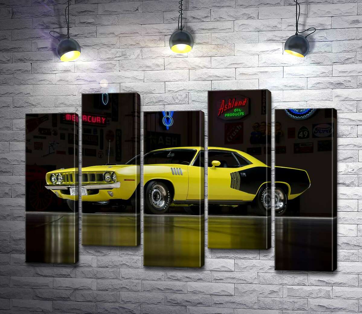 модульная картина Желтый спортивный автомобиль Plymouth Barracuda, родом из 70-х (Модуль №30)