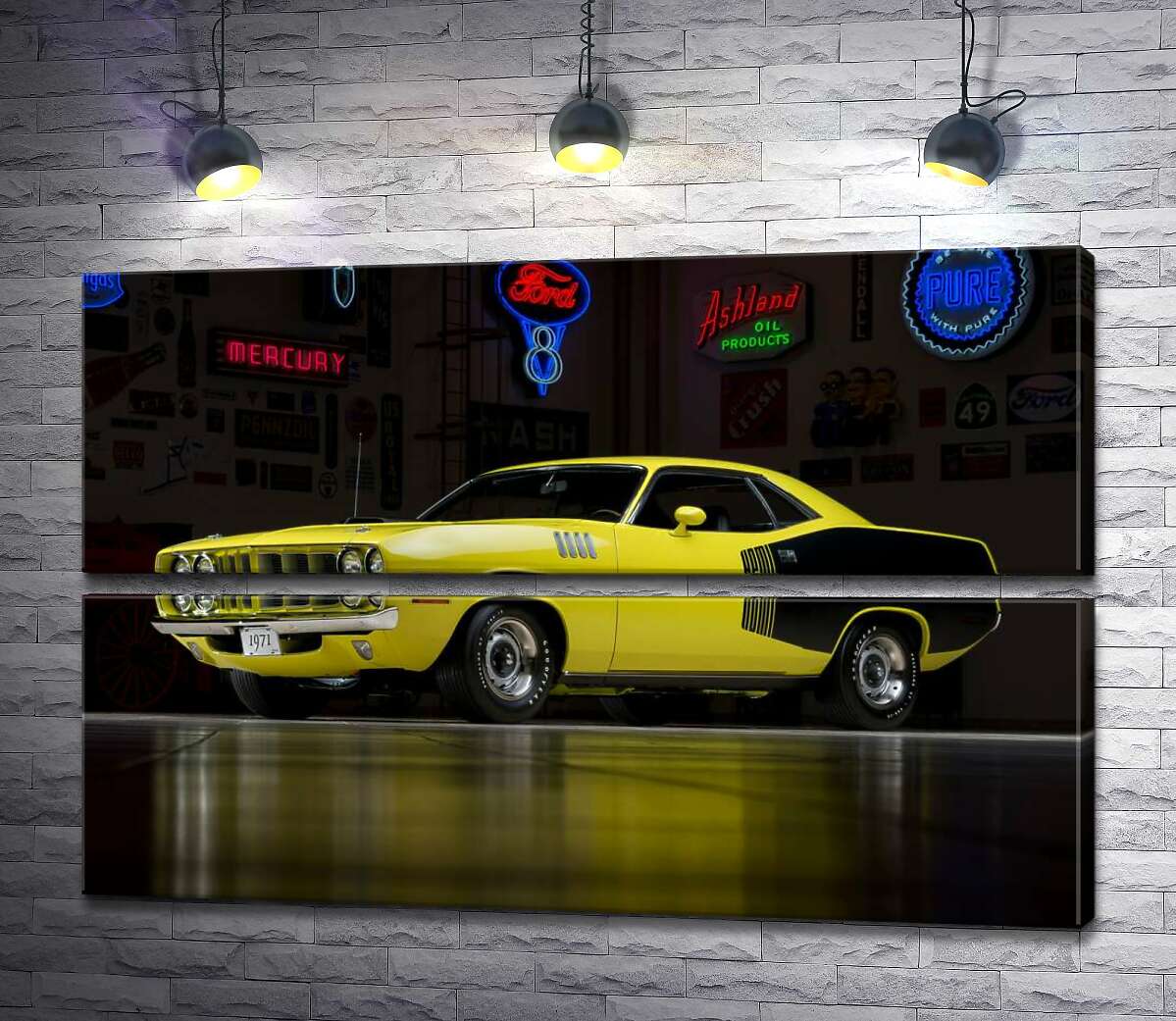 модульная картина Желтый спортивный автомобиль Plymouth Barracuda, родом из 70-х (Модуль №7)