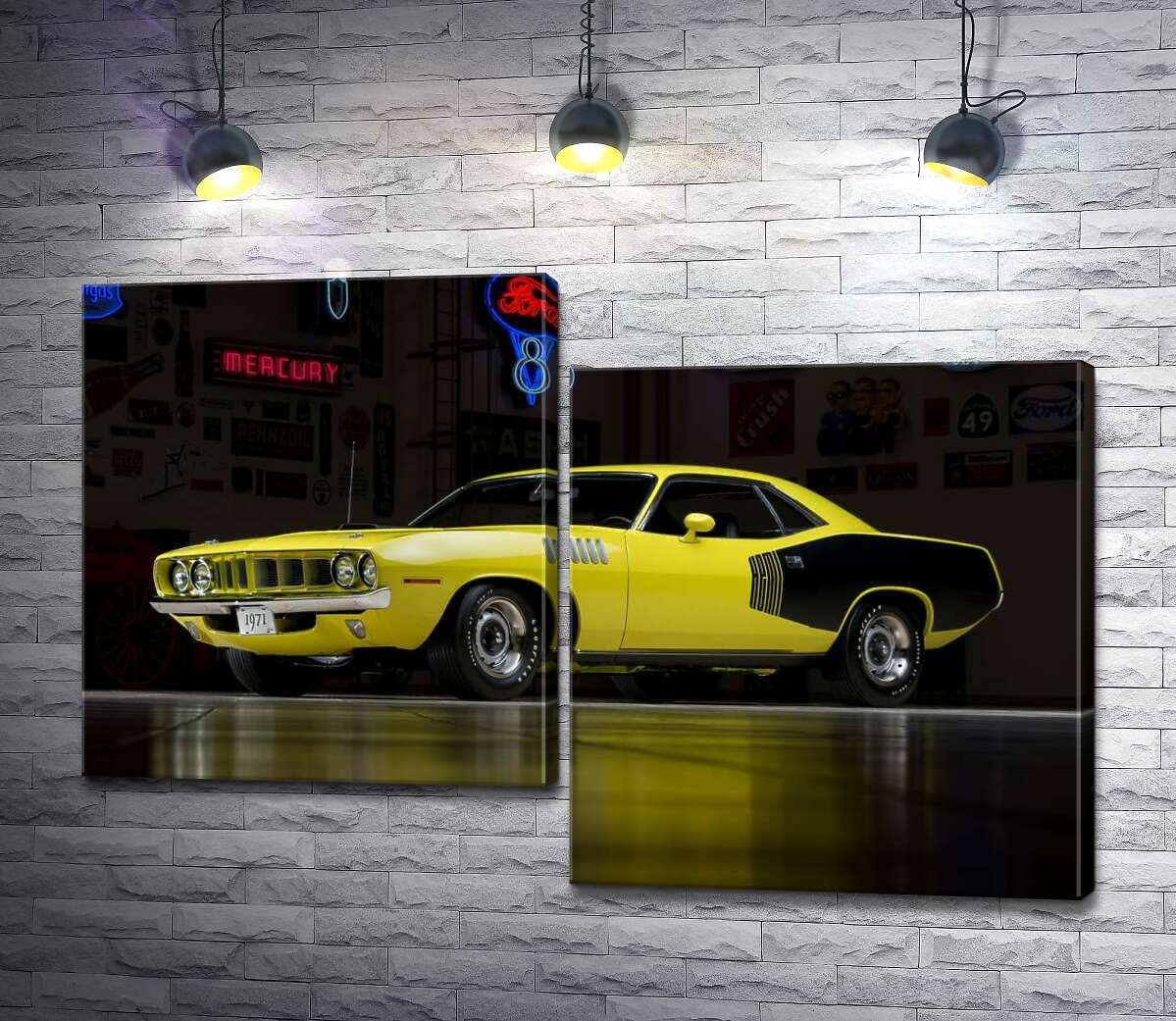 модульная картина Желтый спортивный автомобиль Plymouth Barracuda, родом из 70-х (Модуль №9)