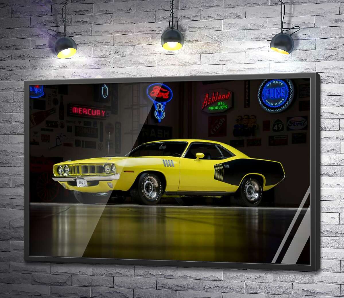 постер Жовтий спортивний автомобіль Plymouth Barracuda, родом із 70-х
