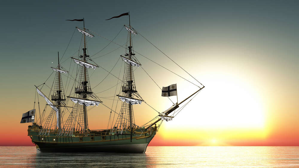картина-постер Старинный парусный фрегат идет мимо вечернего солнца