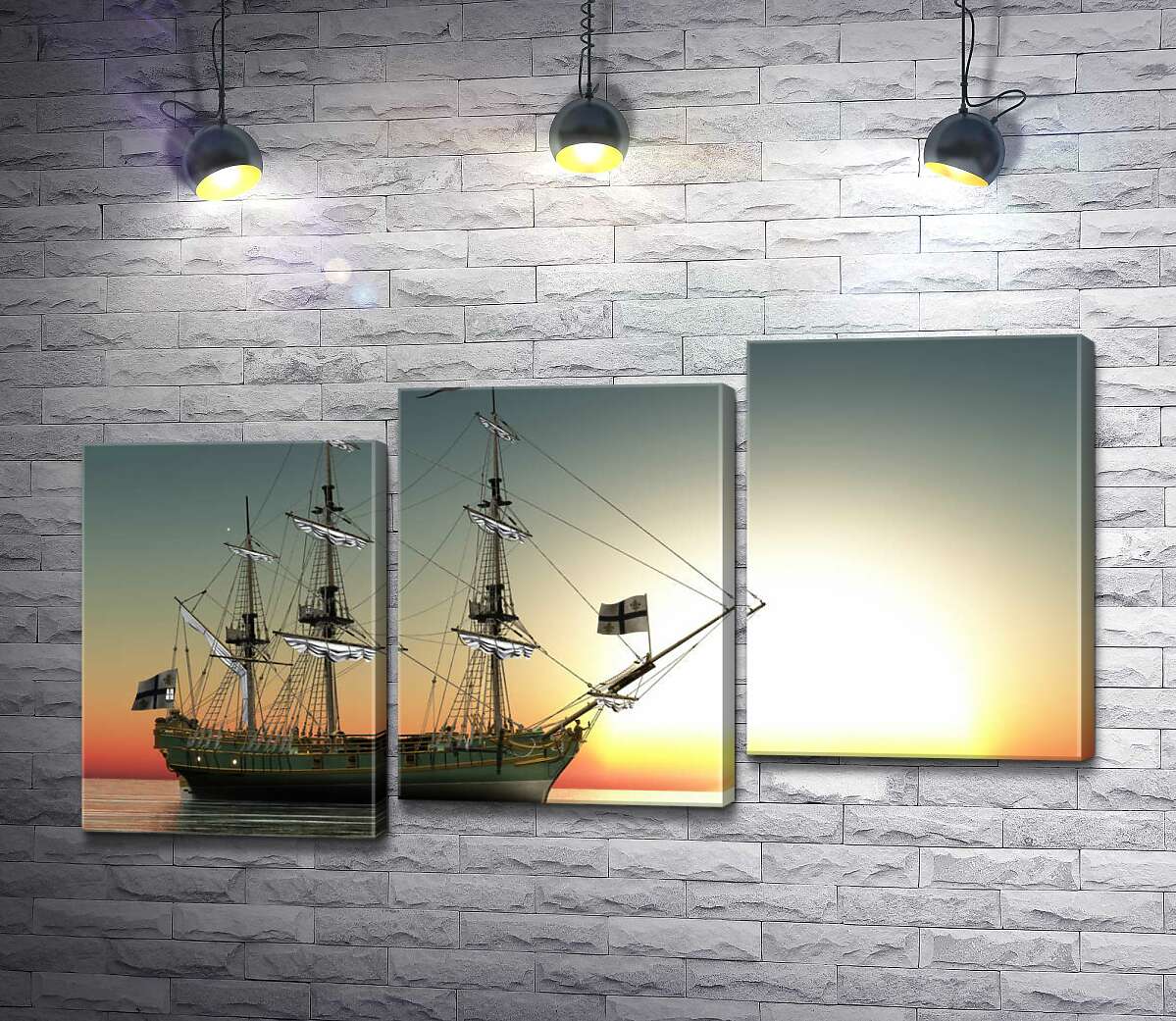 модульна картина Старовинний парусний фрегат прямує повз вечірнє сонце (Модуль №14)