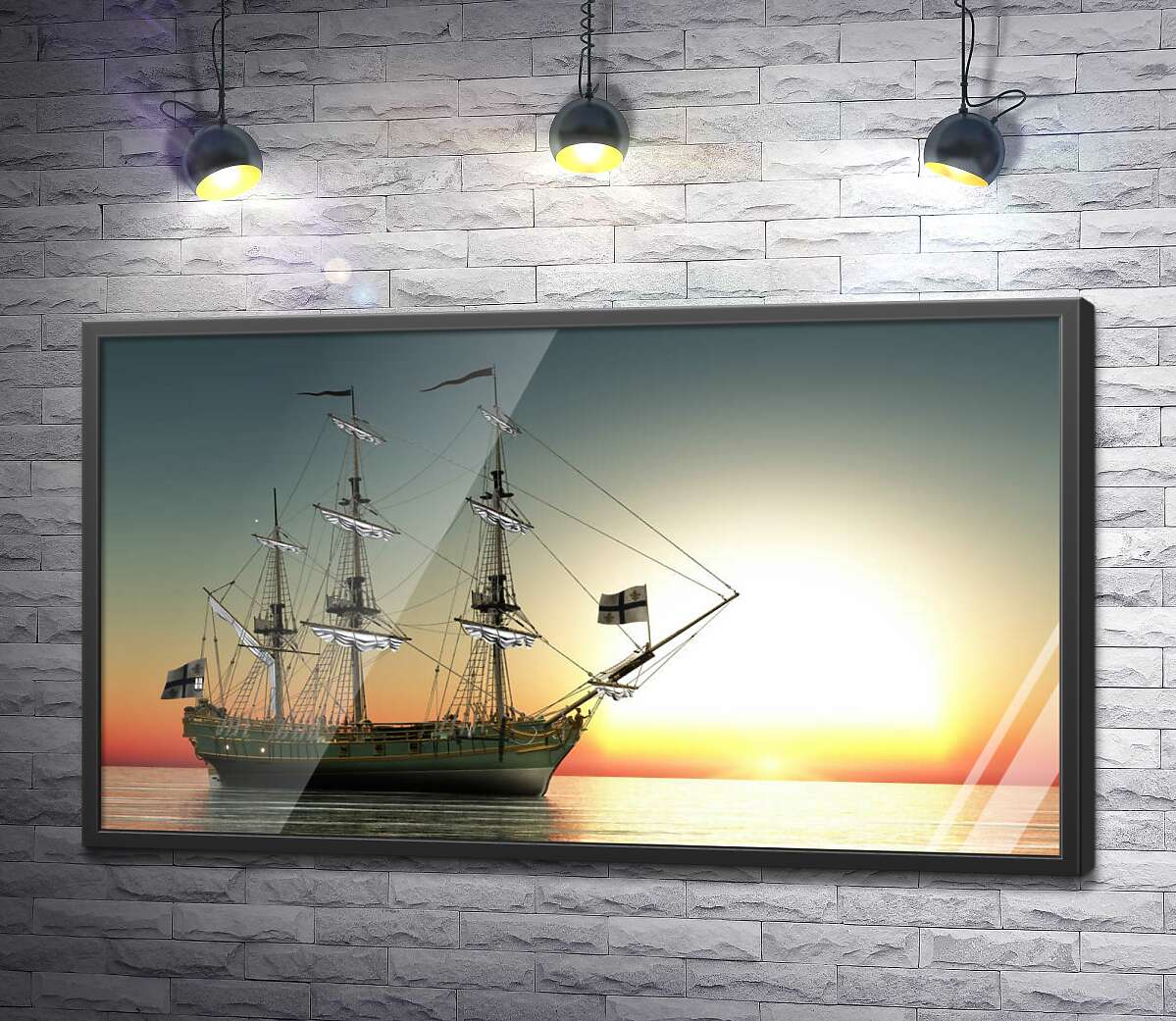 постер Старинный парусный фрегат идет мимо вечернего солнца