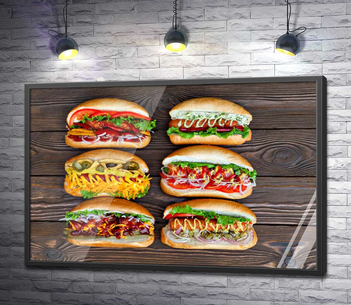 постер Красочные разновидности вкусных хот-догов