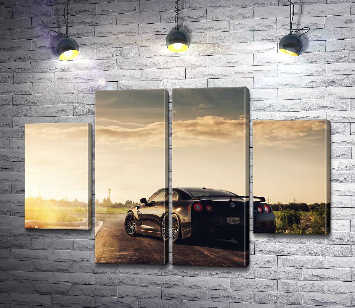 модульная картина Лучи сверкают золотом на черной поверхности автомобиля Opel (Модуль №20)