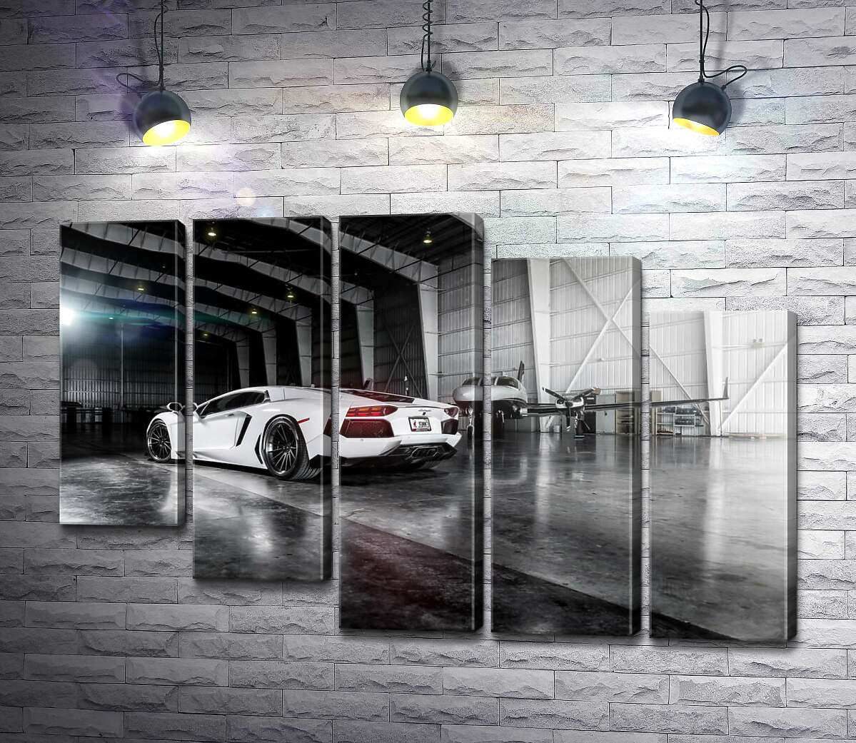 модульная картина Плавные изгибы сторон в белом автомобиле Ламборгини (Lamborghini Aventador) (Модуль №28)