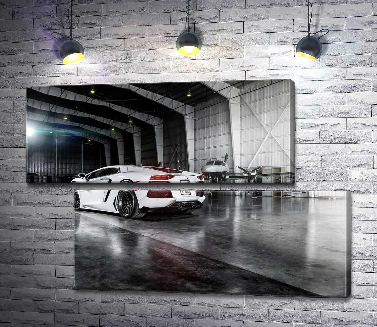 модульная картина Плавные изгибы сторон в белом автомобиле Ламборгини (Lamborghini Aventador) (Модуль №8)