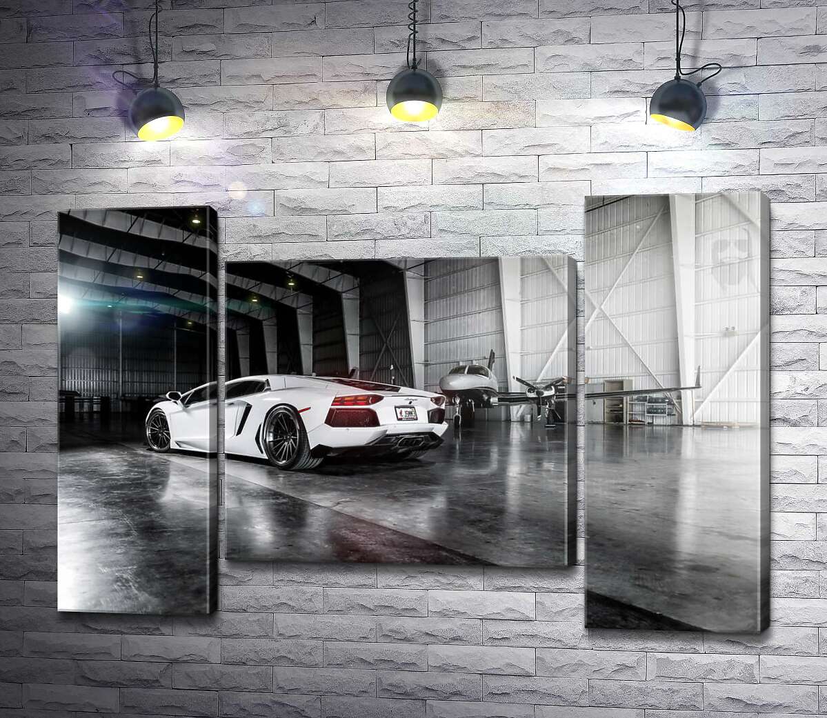 модульная картина Плавные изгибы сторон в белом автомобиле Ламборгини (Lamborghini Aventador) (Модуль №11)