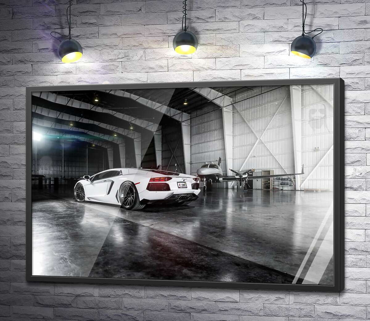 постер Плавні вигини сторін в  білому автомобілі Ламборгіні (Lamborghini Aventador)