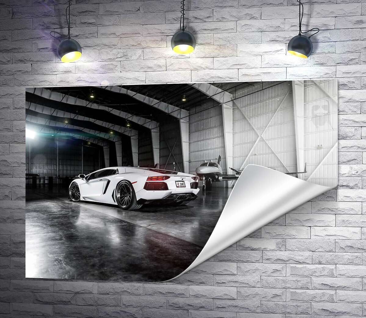 друк Плавні вигини сторін в  білому автомобілі Ламборгіні (Lamborghini Aventador)
