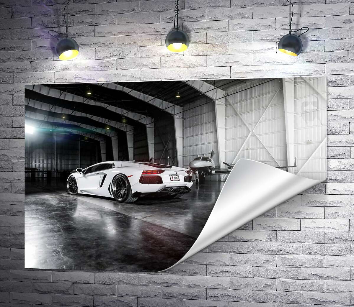 печать Плавные изгибы сторон в белом автомобиле Ламборгини (Lamborghini Aventador)