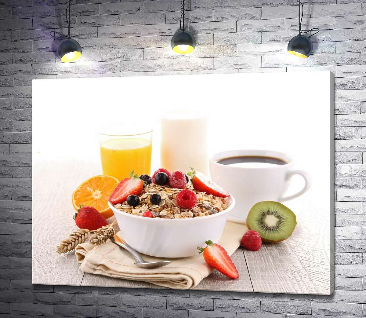 картина Корисний сніданок: вівсянка з ягодами, соками та кавою