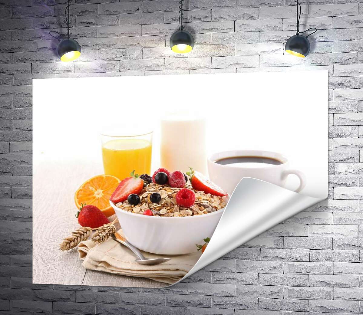 печать Полезный завтрак: овсянка с ягодами, соками и кофе