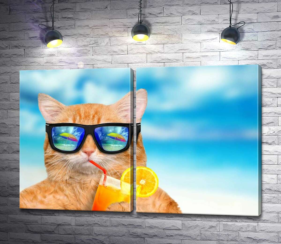модульная картина Рыжий кот в отпуске пьет фреш на пляже