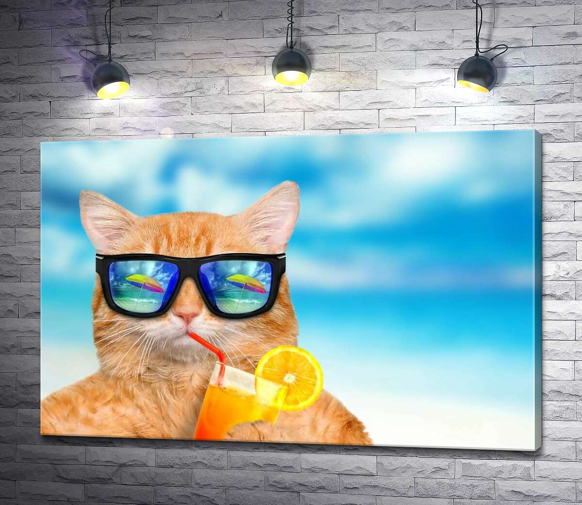 картина Рудий кіт у відпустці п’є фреш на пляжі