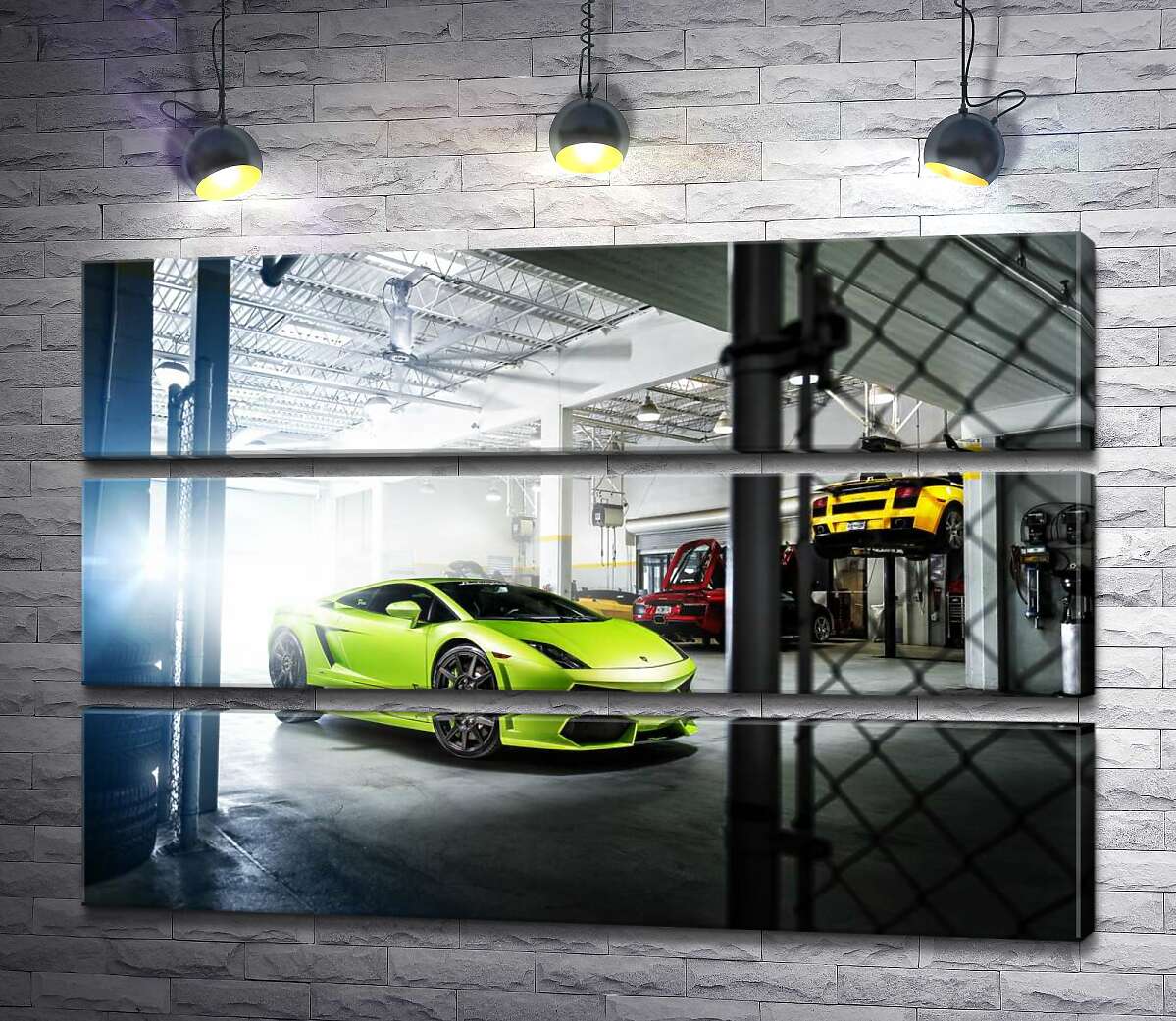 модульная картина Яркий зеленый Ламборгини (Lamborghini Gallardo) стоит в тени гаража (Модуль №15)