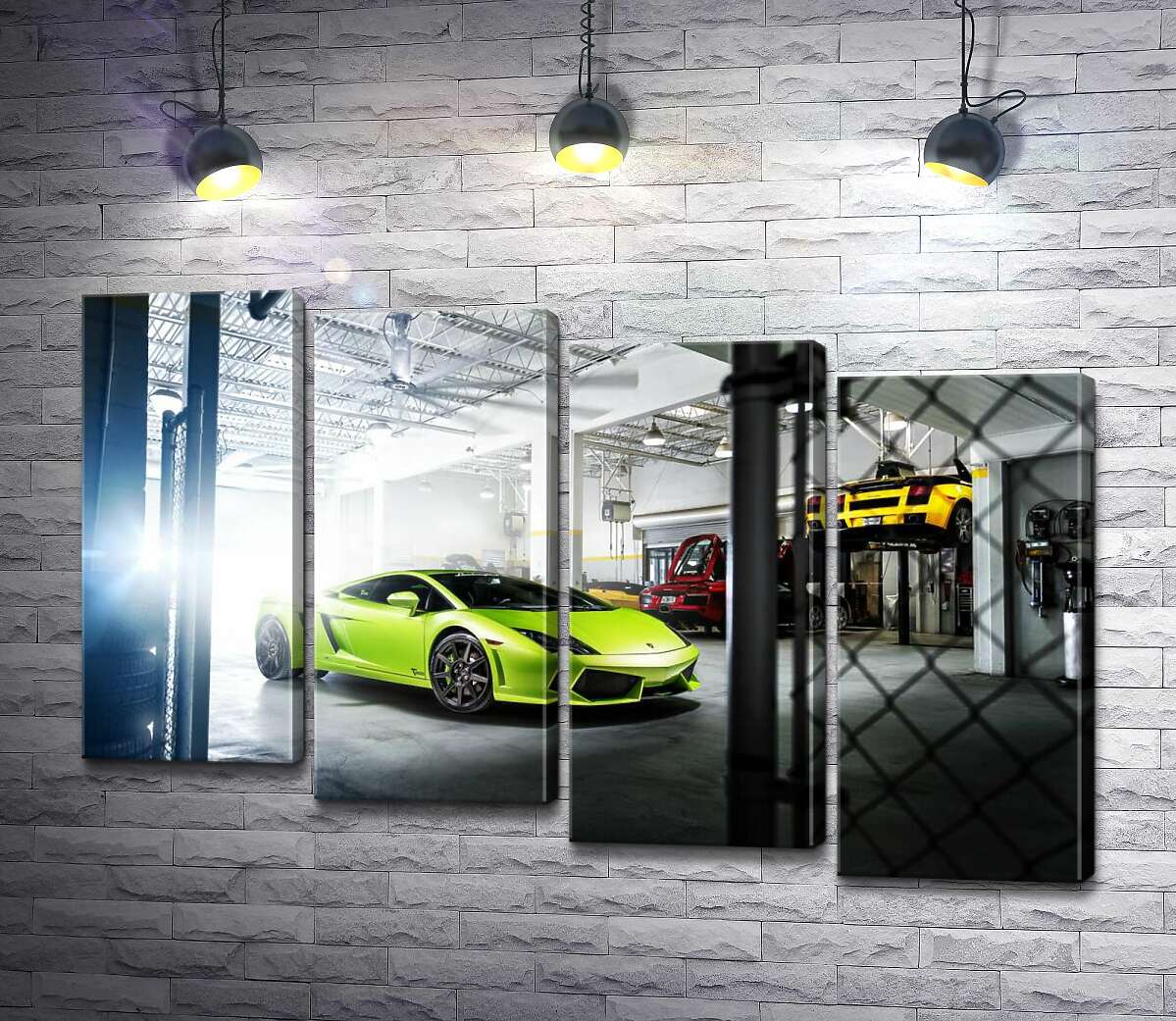 модульна картина Яскравий зелений Ламборгіні (Lamborghini Gallardo) стоїть в тіні гаража (Модуль №19)