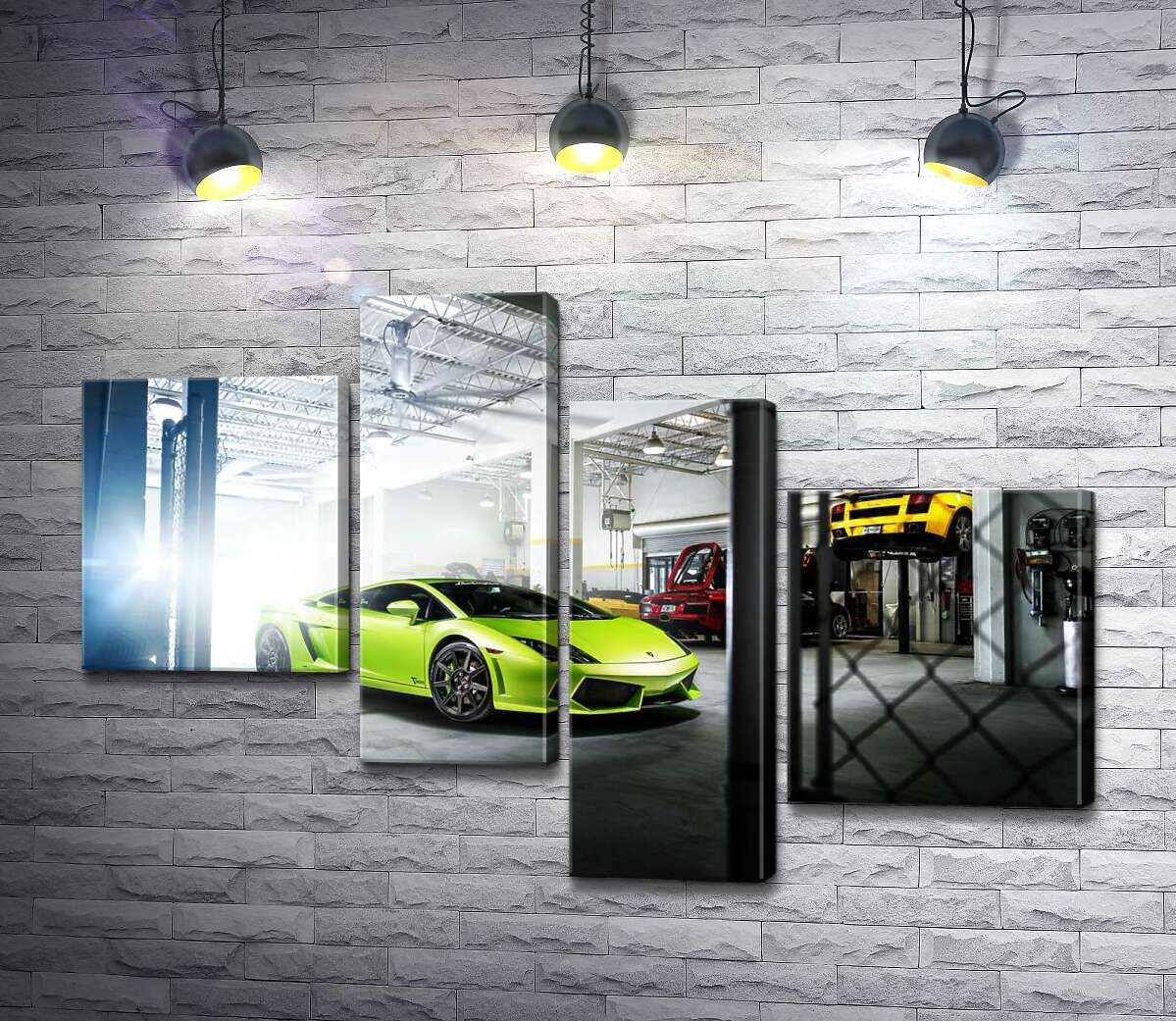 модульна картина Яскравий зелений Ламборгіні (Lamborghini Gallardo) стоїть в тіні гаража (Модуль №21)