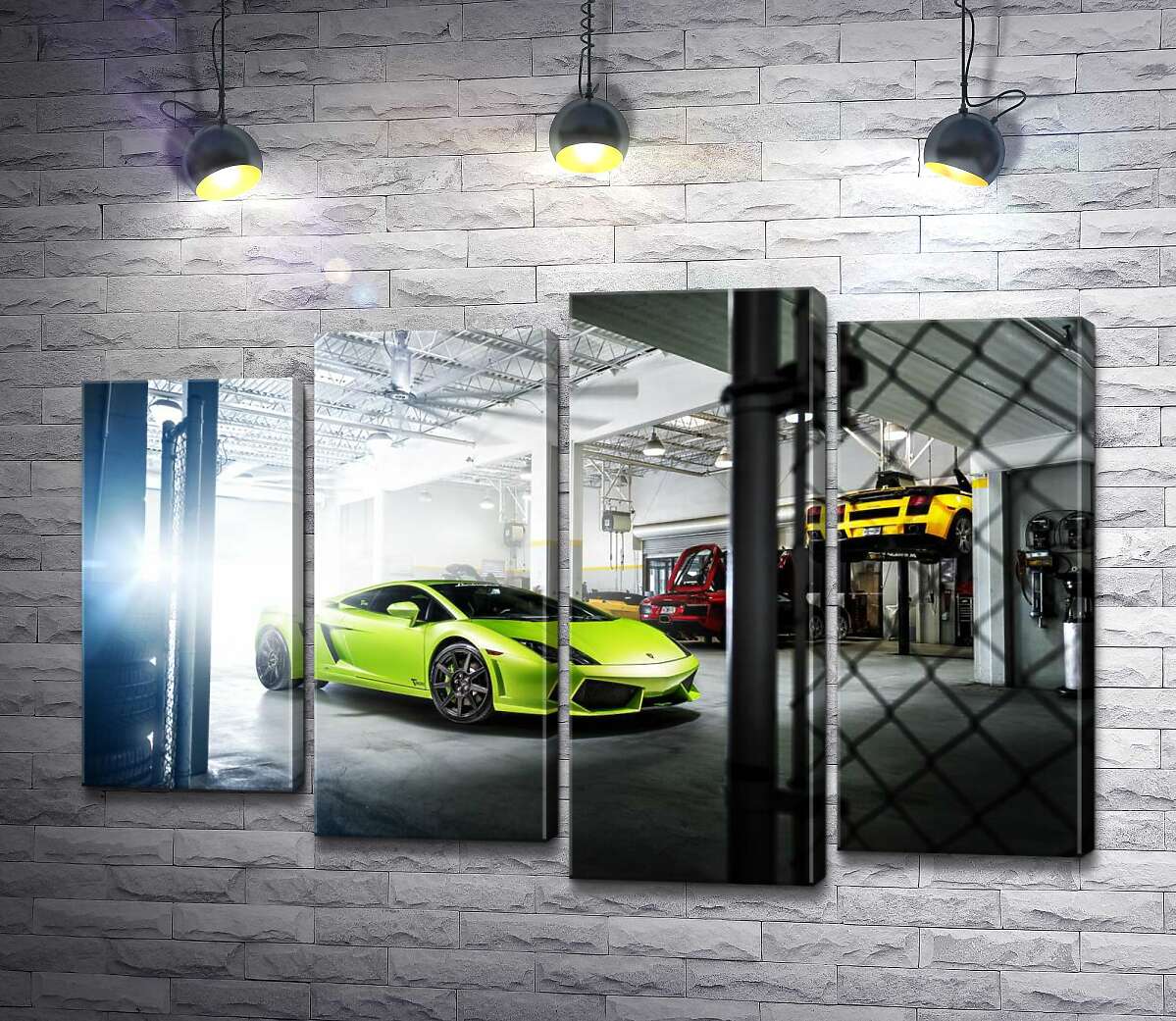 модульна картина Яскравий зелений Ламборгіні (Lamborghini Gallardo) стоїть в тіні гаража (Модуль №3)