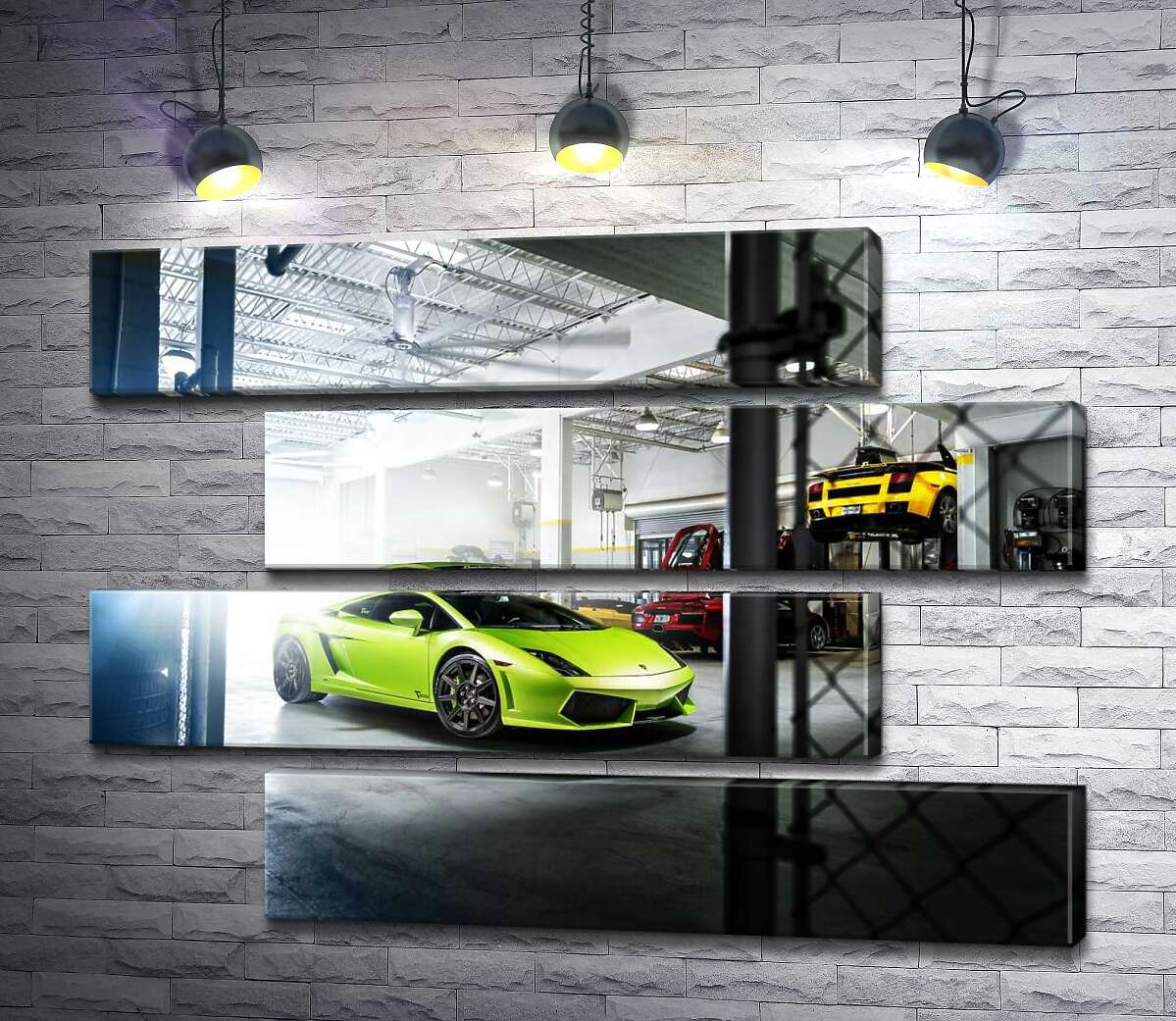 модульная картина Яркий зеленый Ламборгини (Lamborghini Gallardo) стоит в тени гаража (Модуль №23)